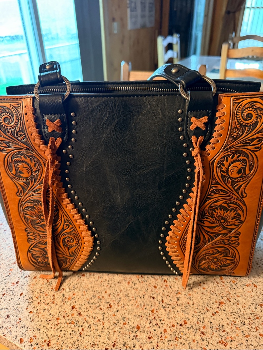 Black and Tan Tooled Leather Tote with Stud and Lace Details-CONCEAL CARRY